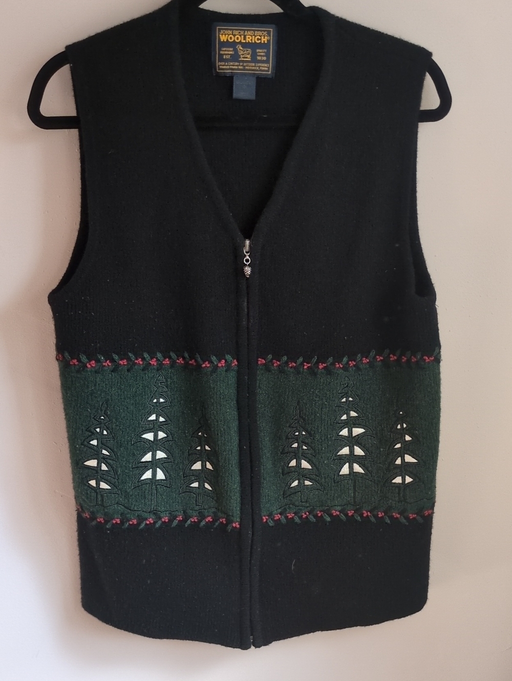 Vintage Woolrich Black & Dark Green Wool Zip-Front Tree Motif Vest